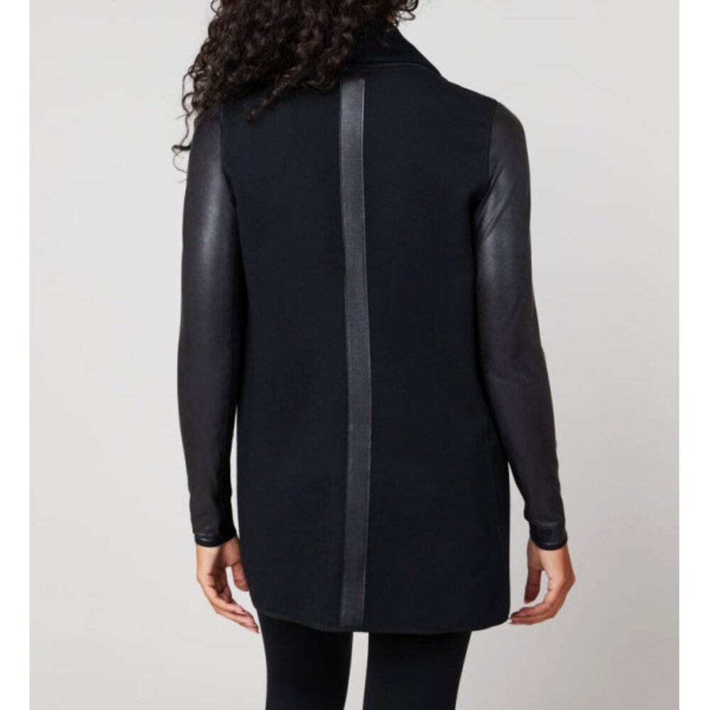 Spanx Faux Leather Drape Front Jacket Very Black Edgy Motorcycle Leather Coat S - Picture 2 of 16